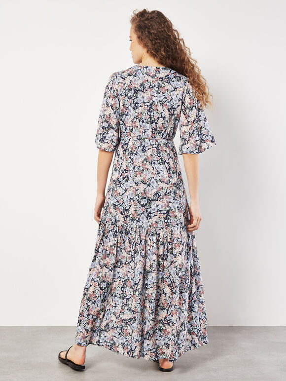 Watercolour Floral Shimmer Maxi Dress, Navy, large