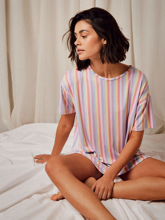 Rainbow Stripe Tee Night Dress, Pink, large