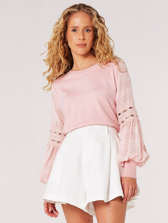 Contrast Crochet Sleeves Jumper, Pink, large