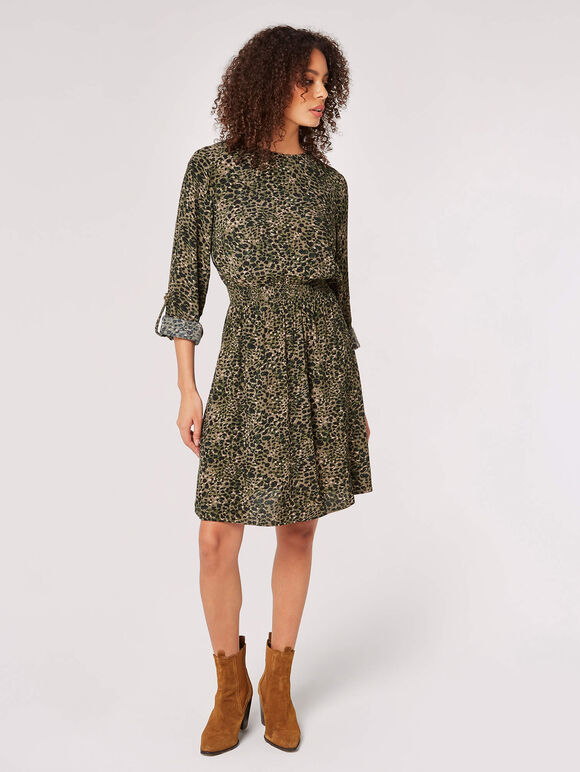 Animal Smocked Waist Mini Dress, Khaki, large