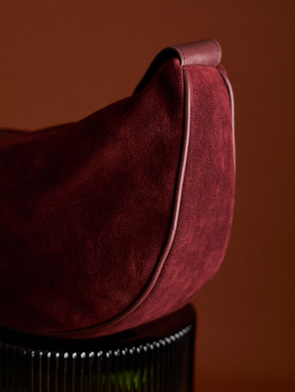Suede Half Moon Crossbody Bag, Red, large