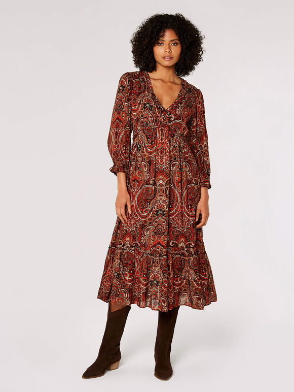 Paisley Ruffle Midaxi Dress, Rust, large