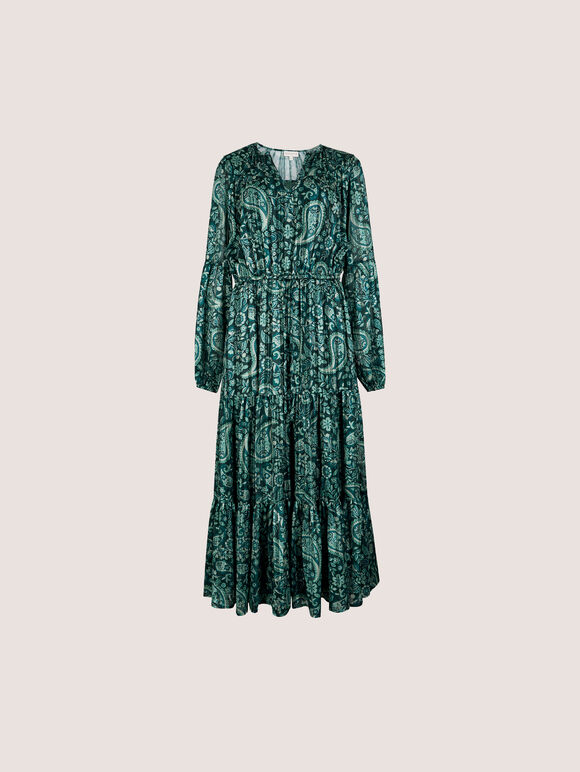 Satin Shimmer Paisley Midi Dress, Green, large