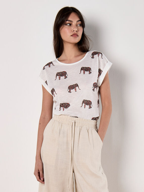 Elephant Print Slub T-Shirt, Khaki, large