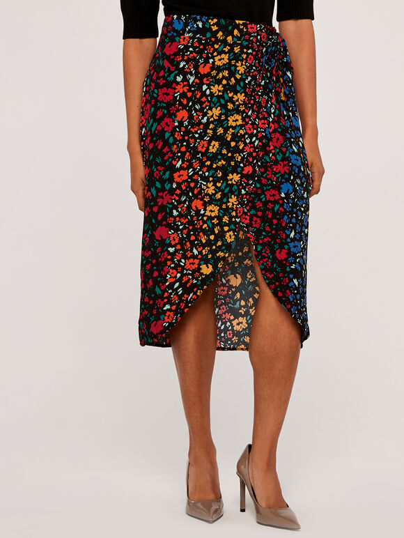Floral Wrap Skirt, Black, large