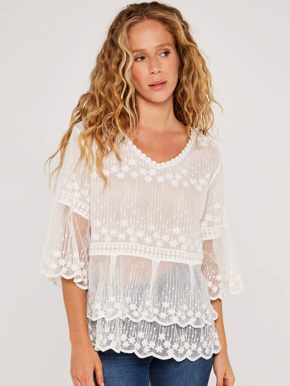 Embroidered Mesh Top, Cream, large