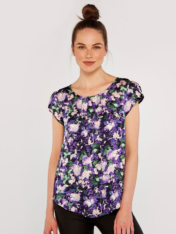 Tulip Print Top, Navy, large