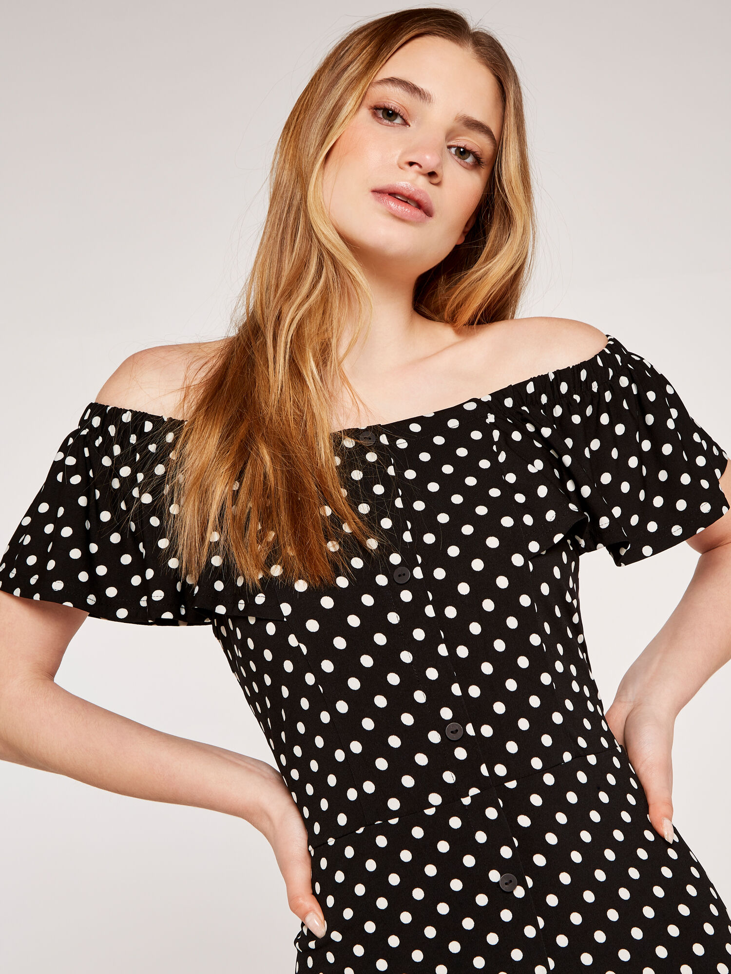 Polka dot discount bardot midi dress