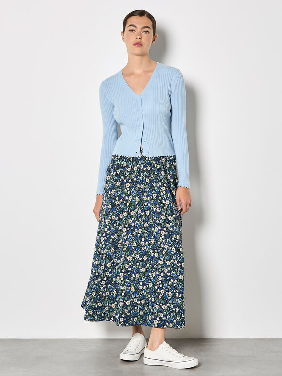 Floral Print A-Line Midaxi Skirt, Navy, large