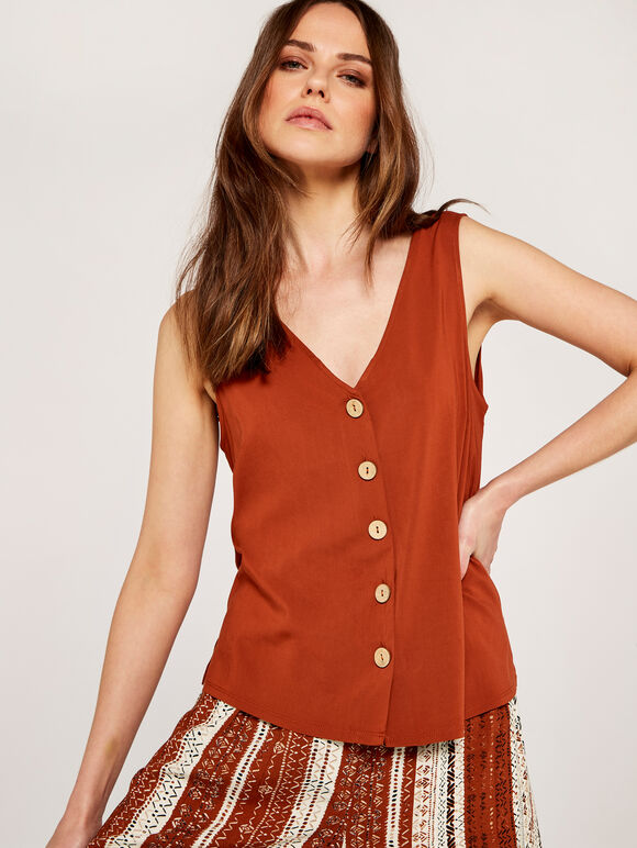 V Neck Button Down Vest Top, Rust, large
