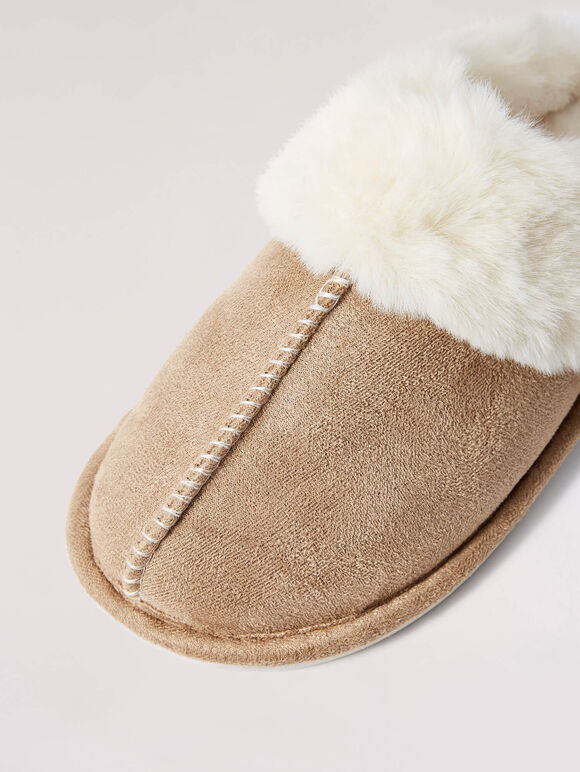 Furry Slip On Slipper, Stone, large