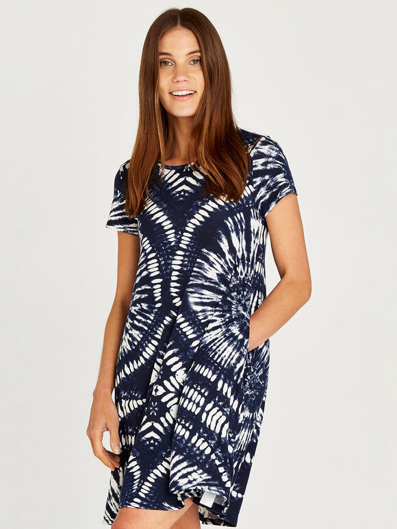 Tribal Tie Dye Shirt Dress, Navy, large