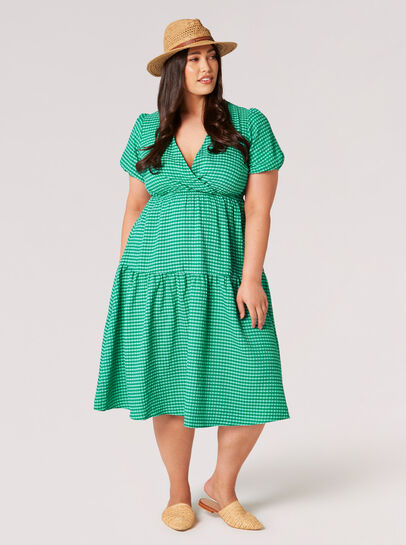 Curve Gingham Tiered Wrap Midi Dress