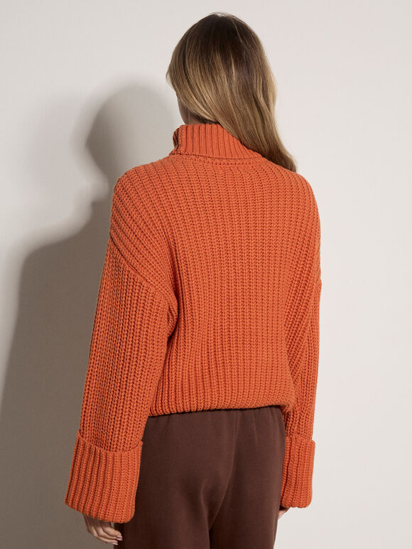 Chunky Knit Roll Neck Jumper, Orange, large