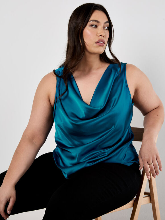 Curve Satin Cowl Neck Top, Blue, large
