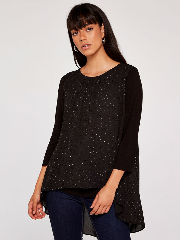 Studded Overlay Top, Black, large