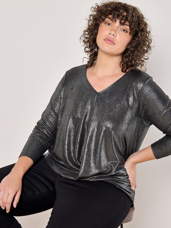 Foil Shimmer Long Sleeve Top, Dark Grey - Charcoal, large