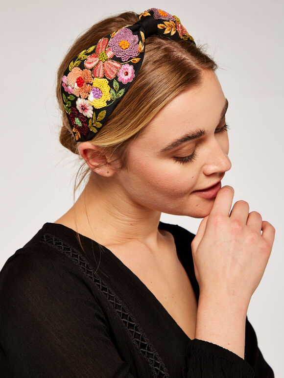 Floral Sequined Headband, Black, large