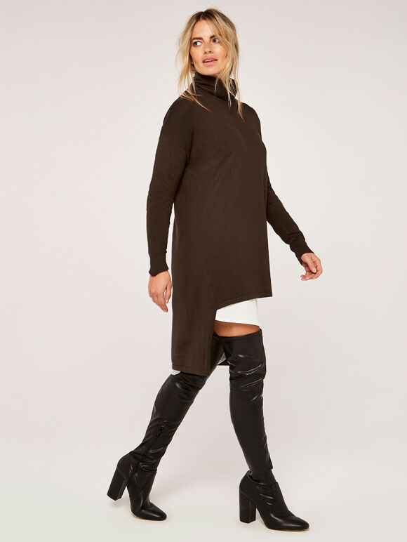 Rollneck High Low Tunic Jumper, Brown, large