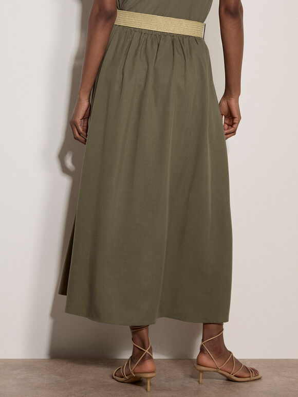 Boho Belted Midi Skirt, Khaki, large