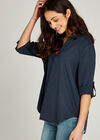 Collarless Three-Quarter Length Sleeve Top, Navy, large