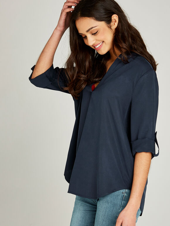 Collarless Three-Quarter Length Sleeve Top, Navy, large