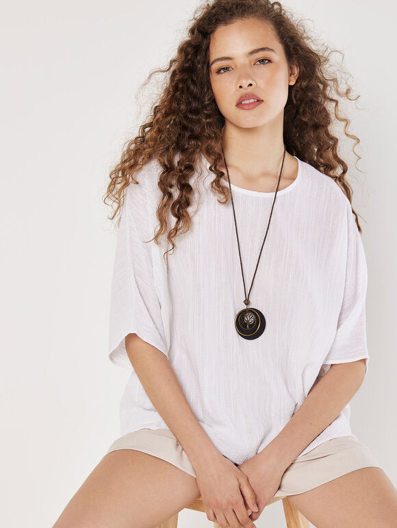 Textured Cotton Necklace Top, Cream, large
