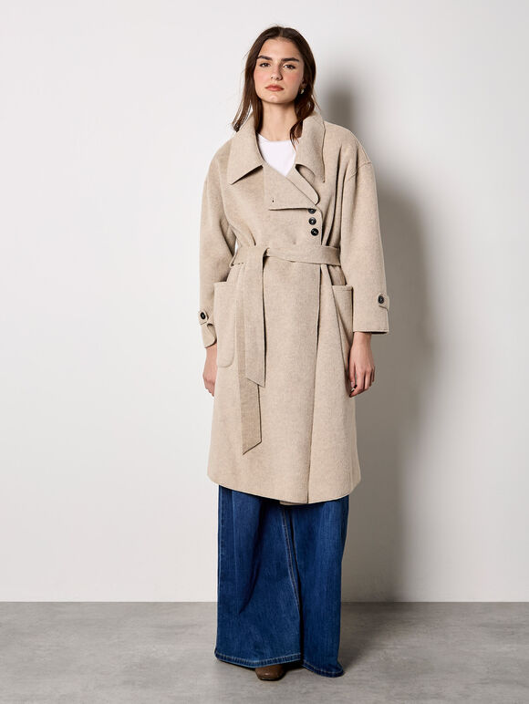 Soft-Touch Long Trench Coat, Stone, large