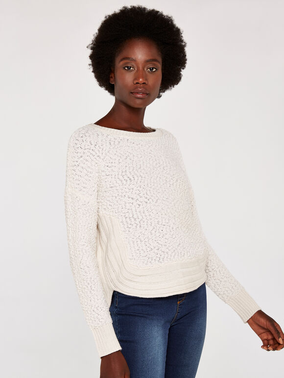 Knitted Grown On Sleeve Jumper, Cream, large