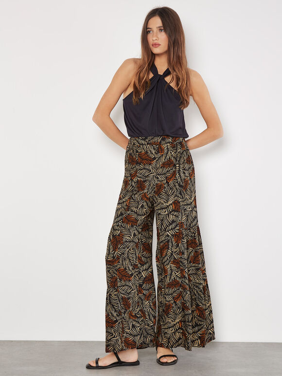 Batik Leaves Tiered Wide-Leg Trousers, Black, large