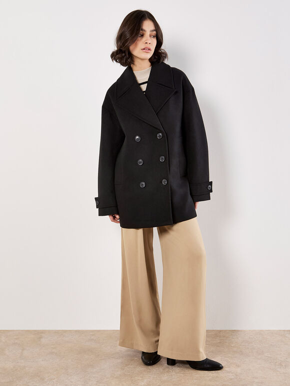 Tailored Double-Breasted Peacoat, Black, large
