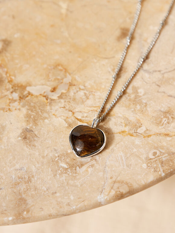 Silver Tone Brown Heart Gold Necklace, Brown, large