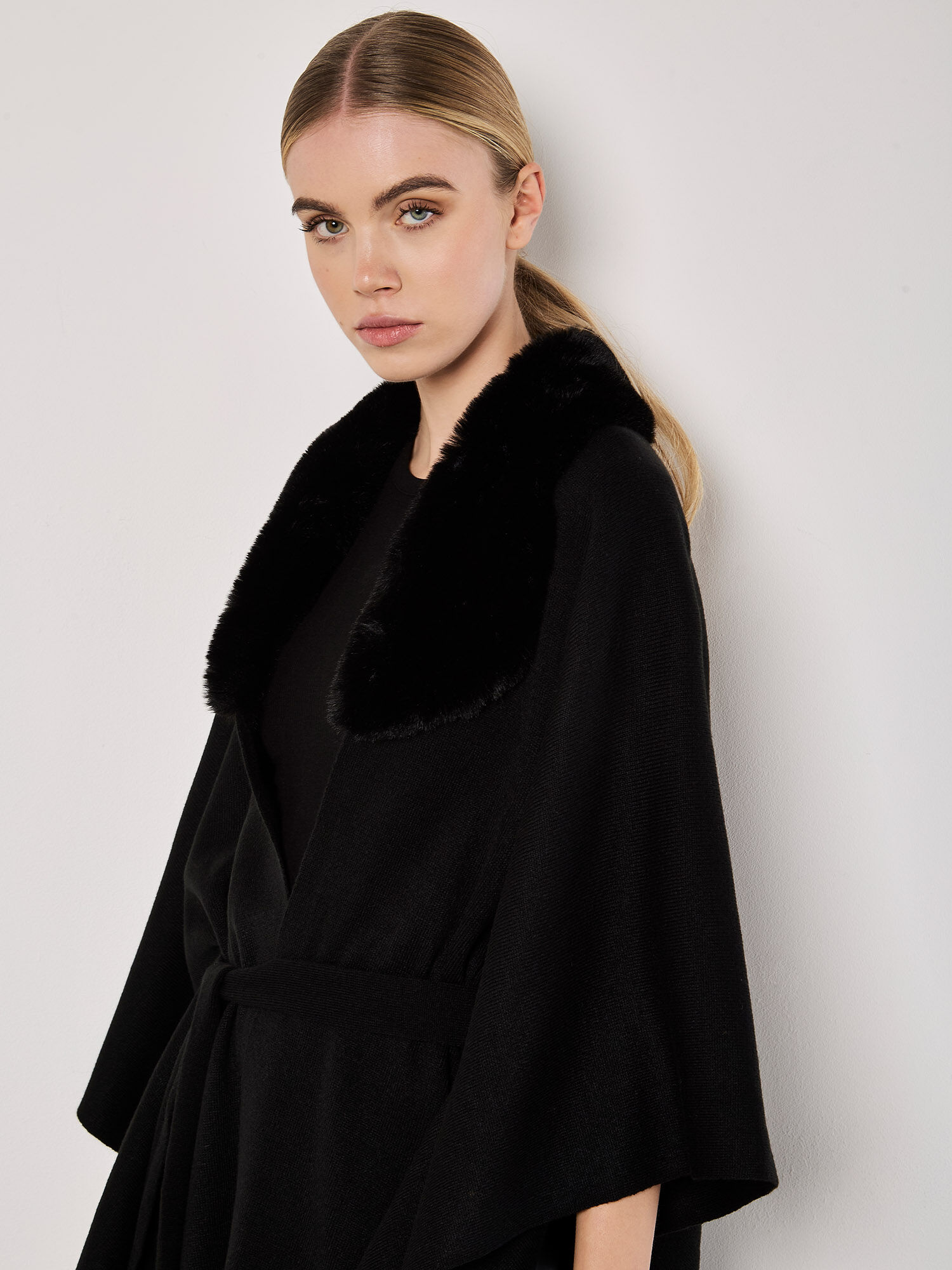 Faux Fur Collar Poncho Apricot Clothing