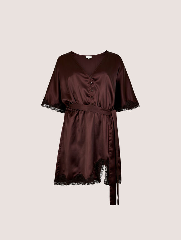 Lace Kimono Satin Mini Dress, Brown, large