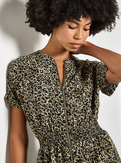 Leopard Print Zip-Down Mini Dress
