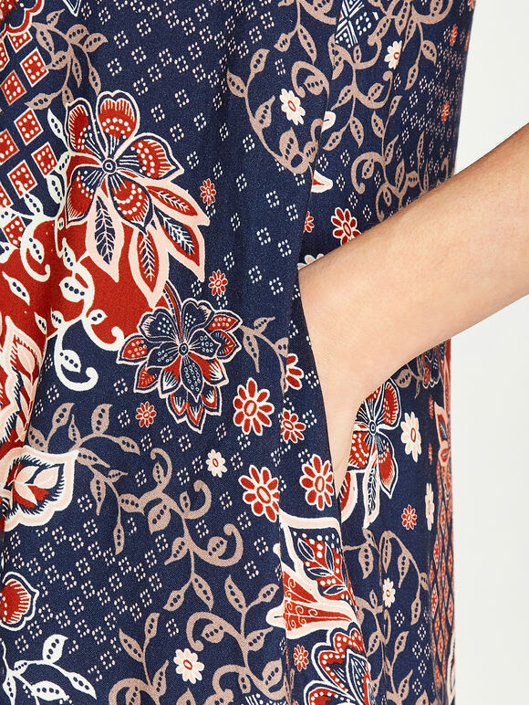 Batik Tribal Floral Skater Dress, Navy, large