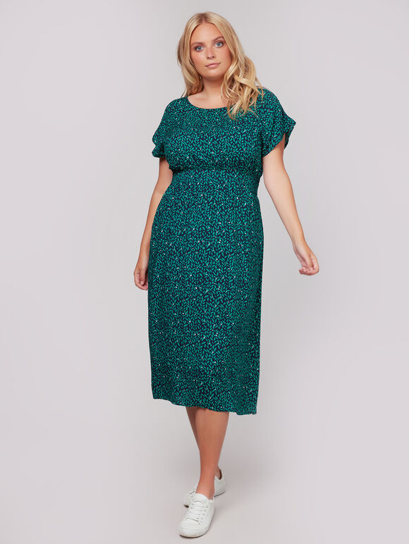 Leaf Print Tie Back Midi Dress+, Navy, large