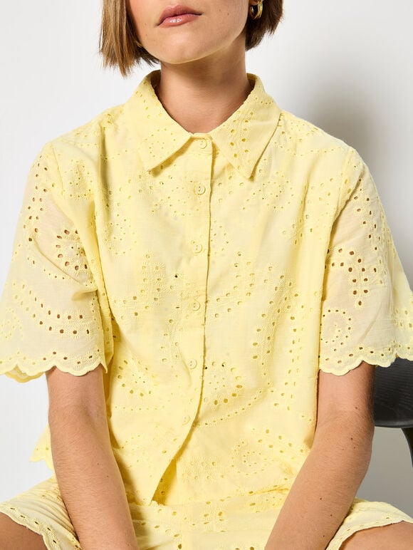 Scalloped Broderie Cropped Shirt, Yellow, large