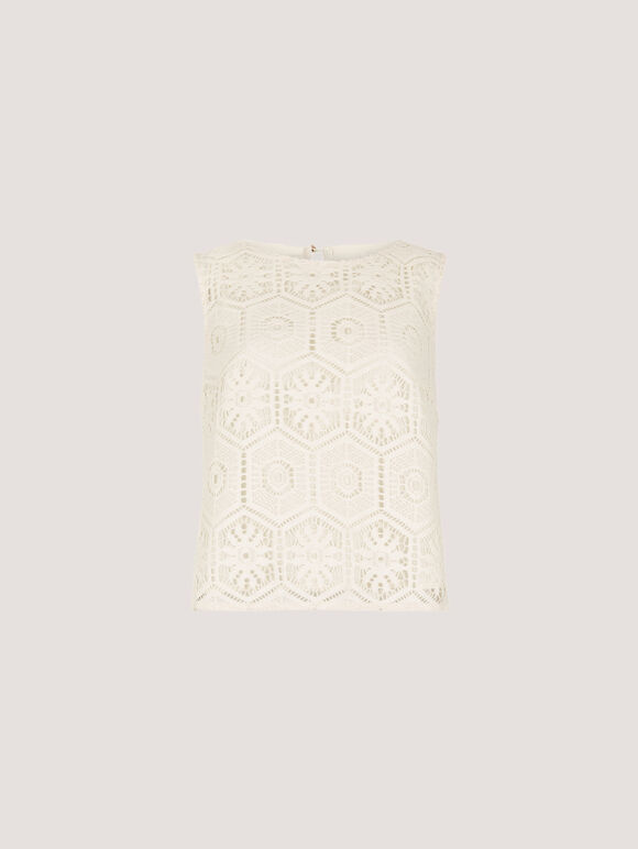 Crochet Lace Tile Shell Top, White, large