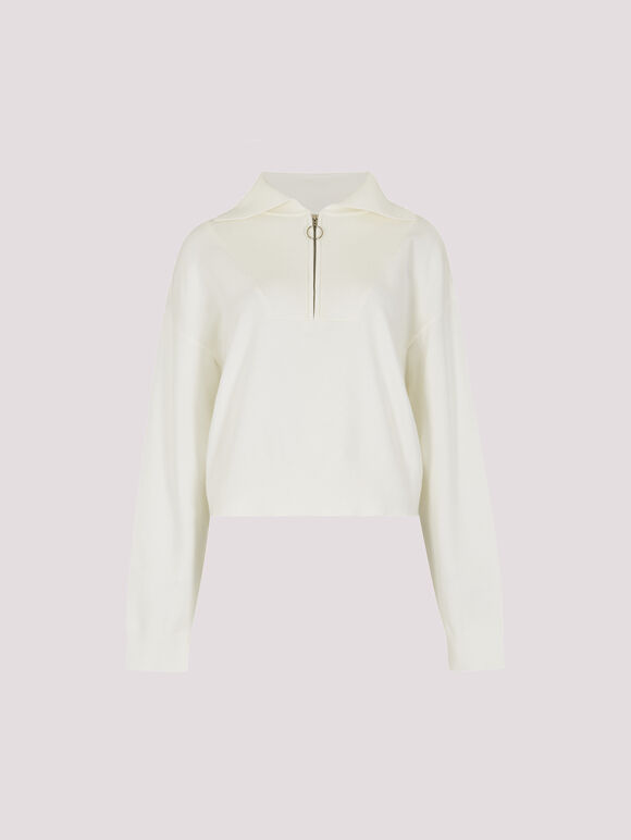 Cropped Zip Neck Sweatshirt, Cream, large