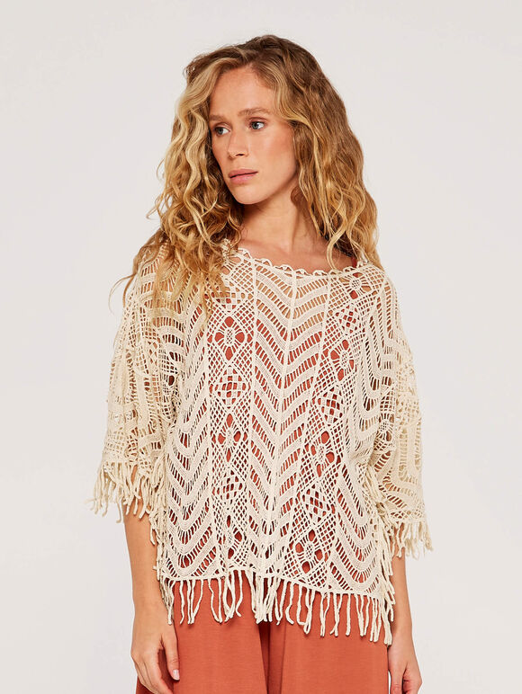 Crochet Fringe Edge Top, Stone, large