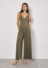 Textured Cotton Wide Leg Jumpsuit, Khaki, large