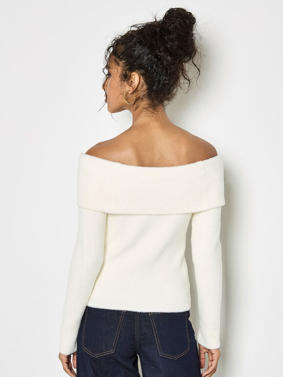 Fluffy Bardot Jumper, Cream, large