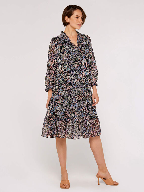 Ditsy Ruffle Chiffon Dress, Navy, large