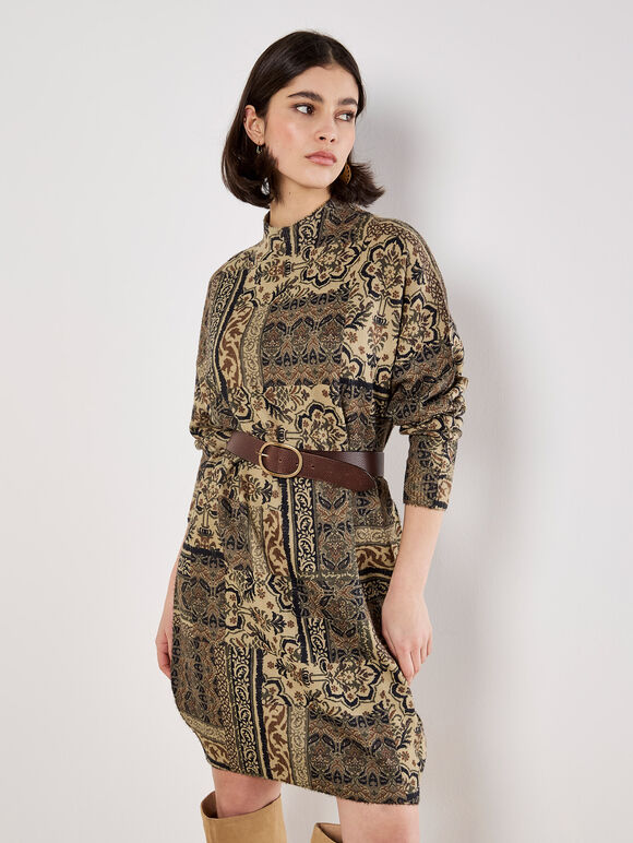 Ikat Patchwork Oversized Jumper Mini Dress, Khaki, large