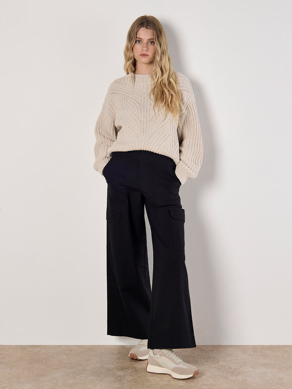 Wide Leg Cotton Cargo Trousers, Black, large