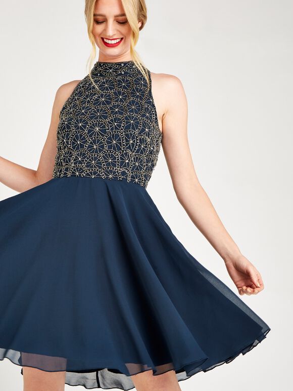 Beaded Halter Neck Swing Dress, Navy, large