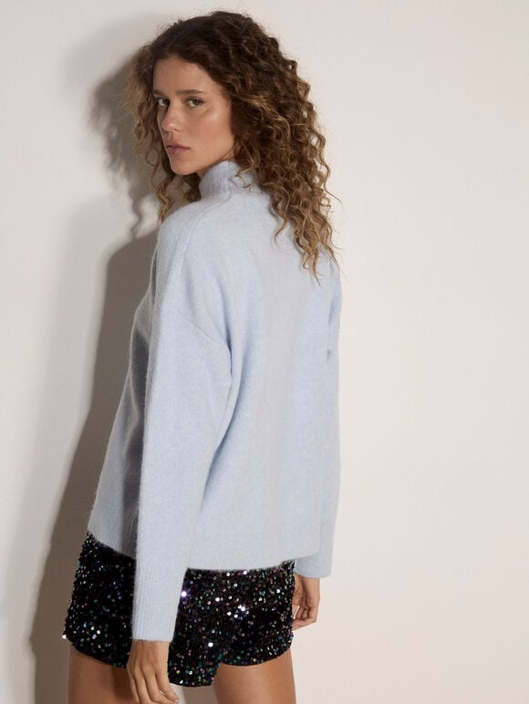 Boucl&eacute; Knit Mock Neck Jumper, Sky Blue, large