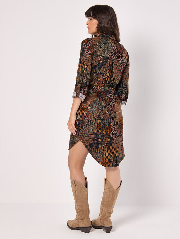 Patchwork Ikat Shirt Mini Dress, Black, large