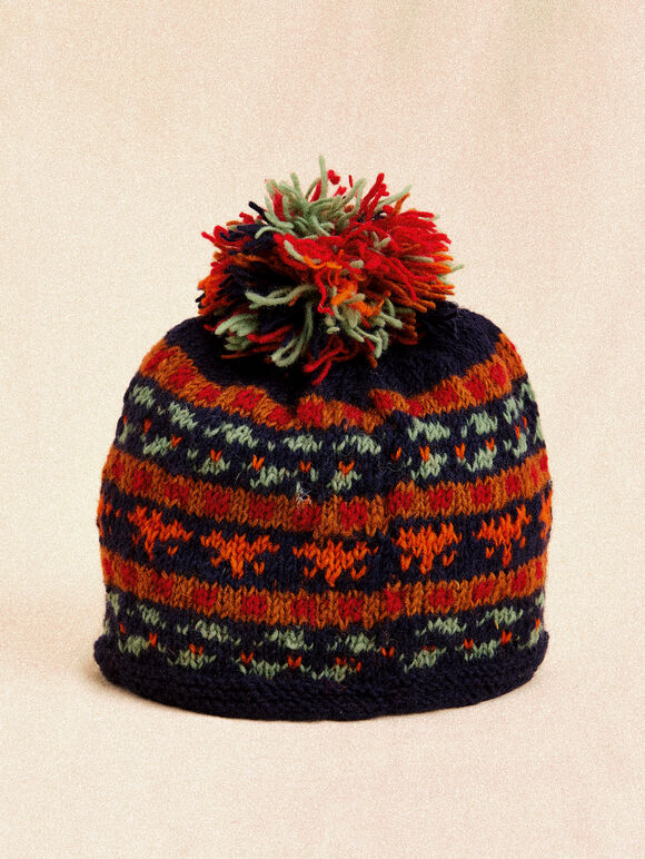 Hand-Knitted Stripe Beanie Hat, Navy, large